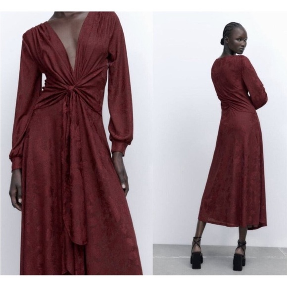 Zara burgundy blogger favorite front tie jacquard midi dress - Picture 2 of 11